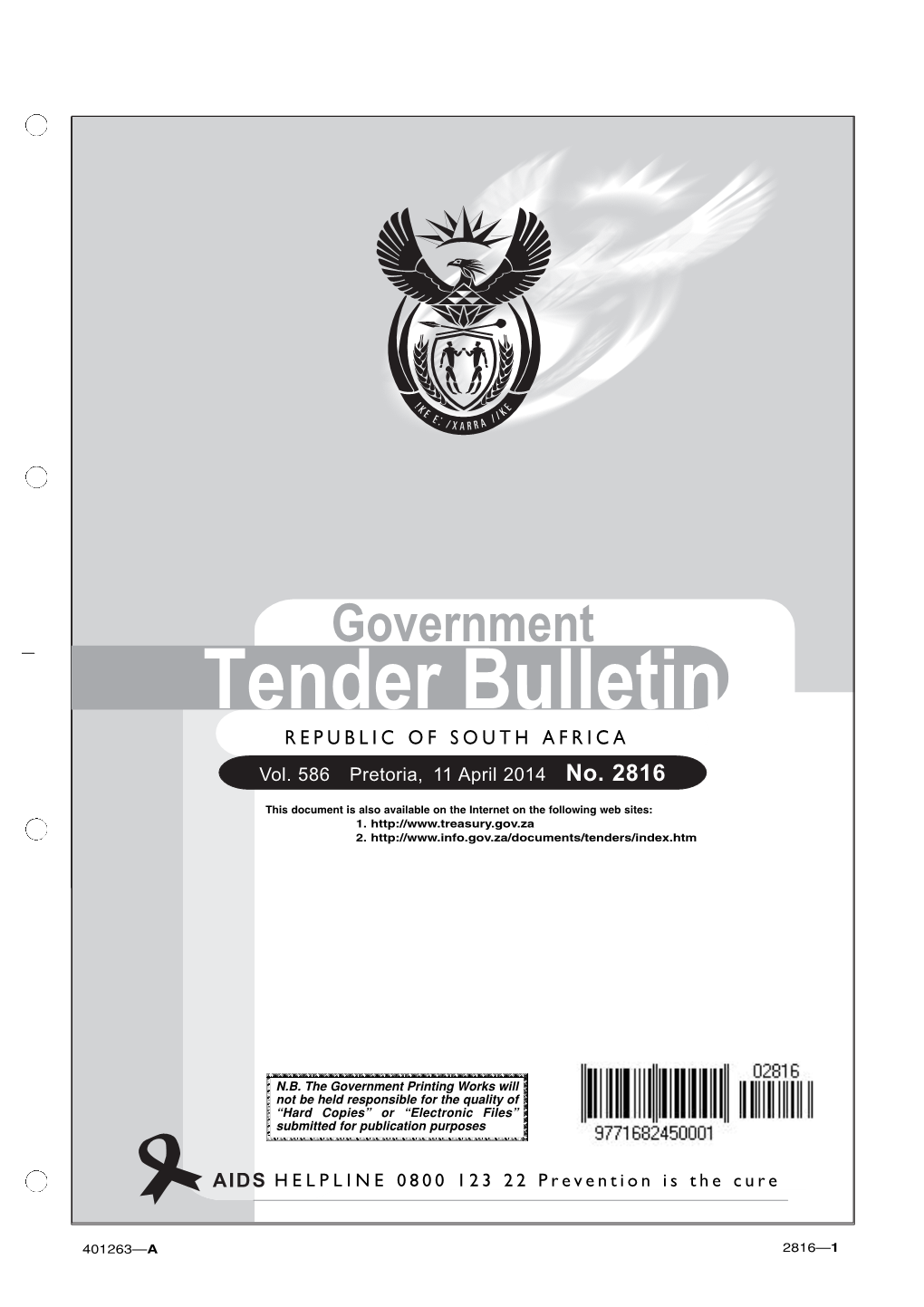 Tender Bulletin REPUBLICREPUBLIC of of SOUTH SOUTH AFRICAAFRICA Vol