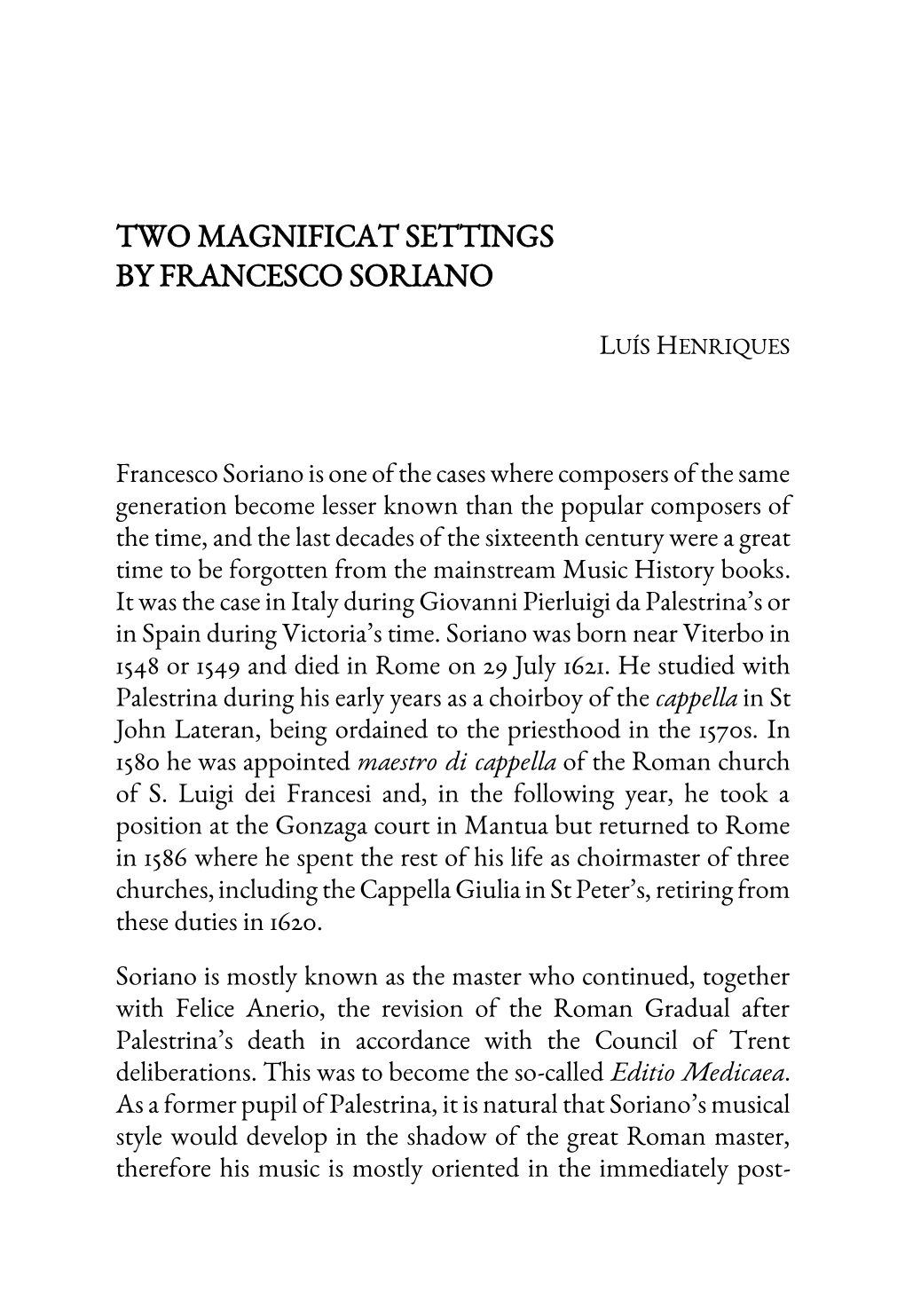 Two Magnificat Settings by Francesco Soriano