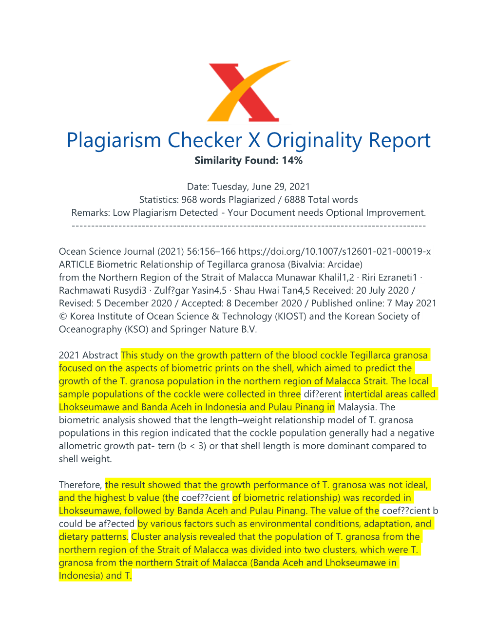 Plagiarism Checker X Originality Report Similarity Found: 14%