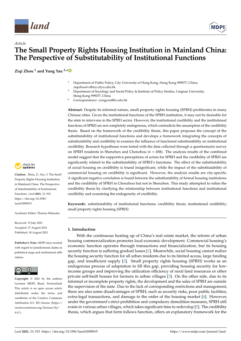 The Perspective of Substitutability of Institutional Functions