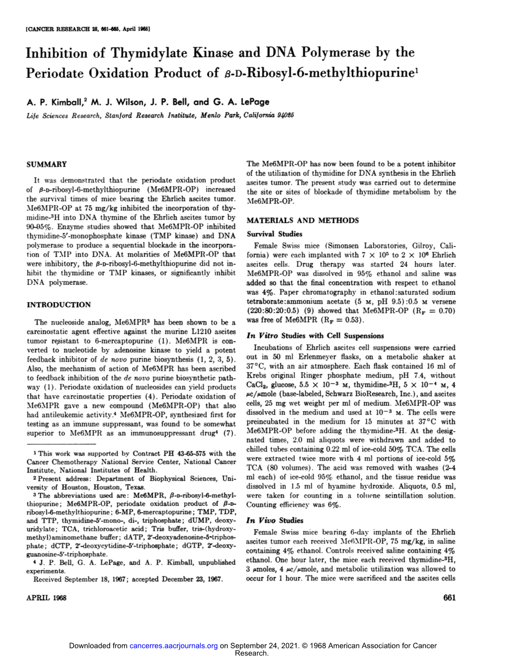 Inhibition of Thymidylate Kinase and DNA Polymerase by the Periodate Oxidation Product of /S-D-Ribosyl-O-Methylthiopurine1