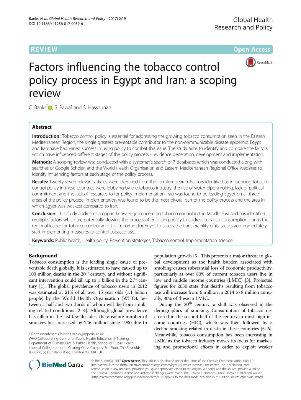 Factors Influencing the Tobacco Control Policy Process in Egypt and Iran: a Scoping Review C