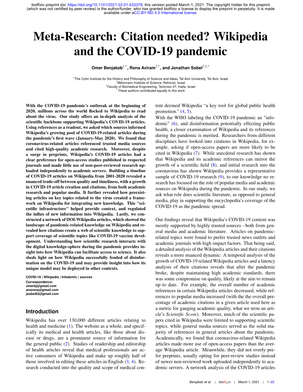 Meta-Research: Citation Needed? Wikipedia and the COVID-19 Pandemic