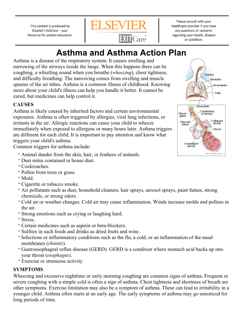 Asthma and Asthma Action Plan Asthma Is a Disease of the Respiratory System