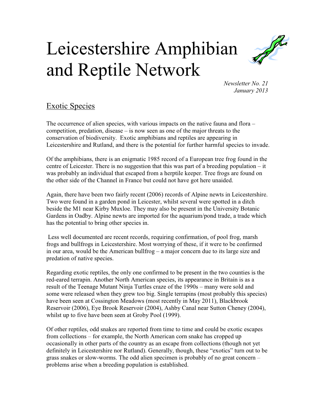LARN Newsletter Will Feature a Review of Amphibians and Reptiles on Leicestershire and Rutland Wildlife Trust Nature Reserves