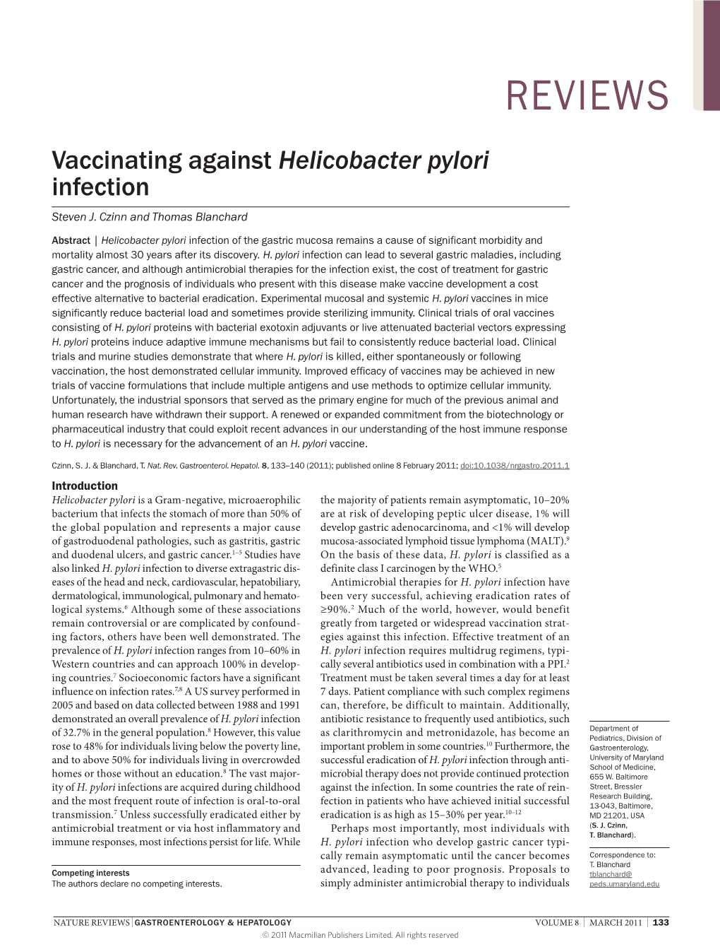 Vaccinating Against Helicobacter Pylori Infection Steven J