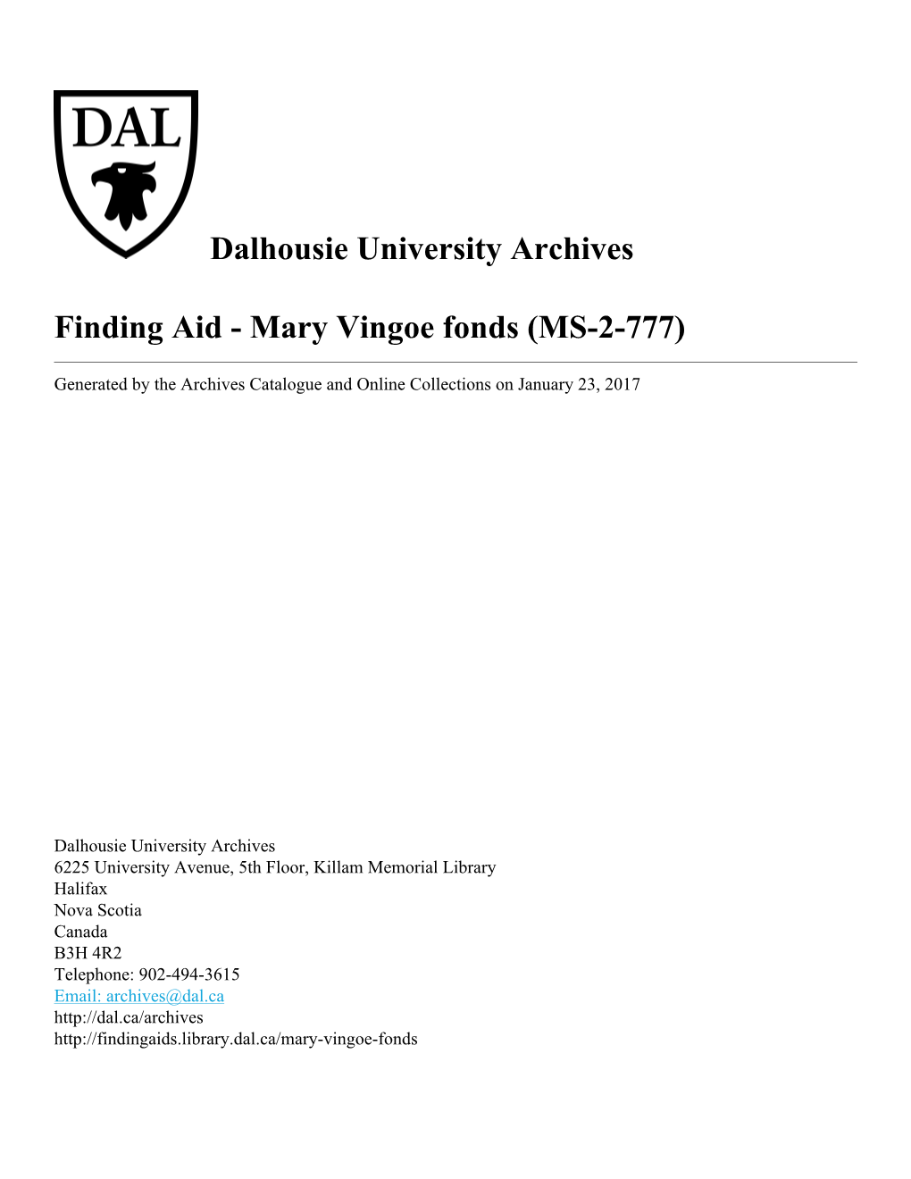 Mary Vingoe Fonds (MS-2-777)