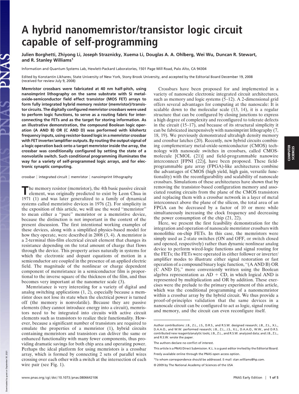 A Hybrid Nanomemristor/Transistor Logic Circuit Capable of Self-Programming