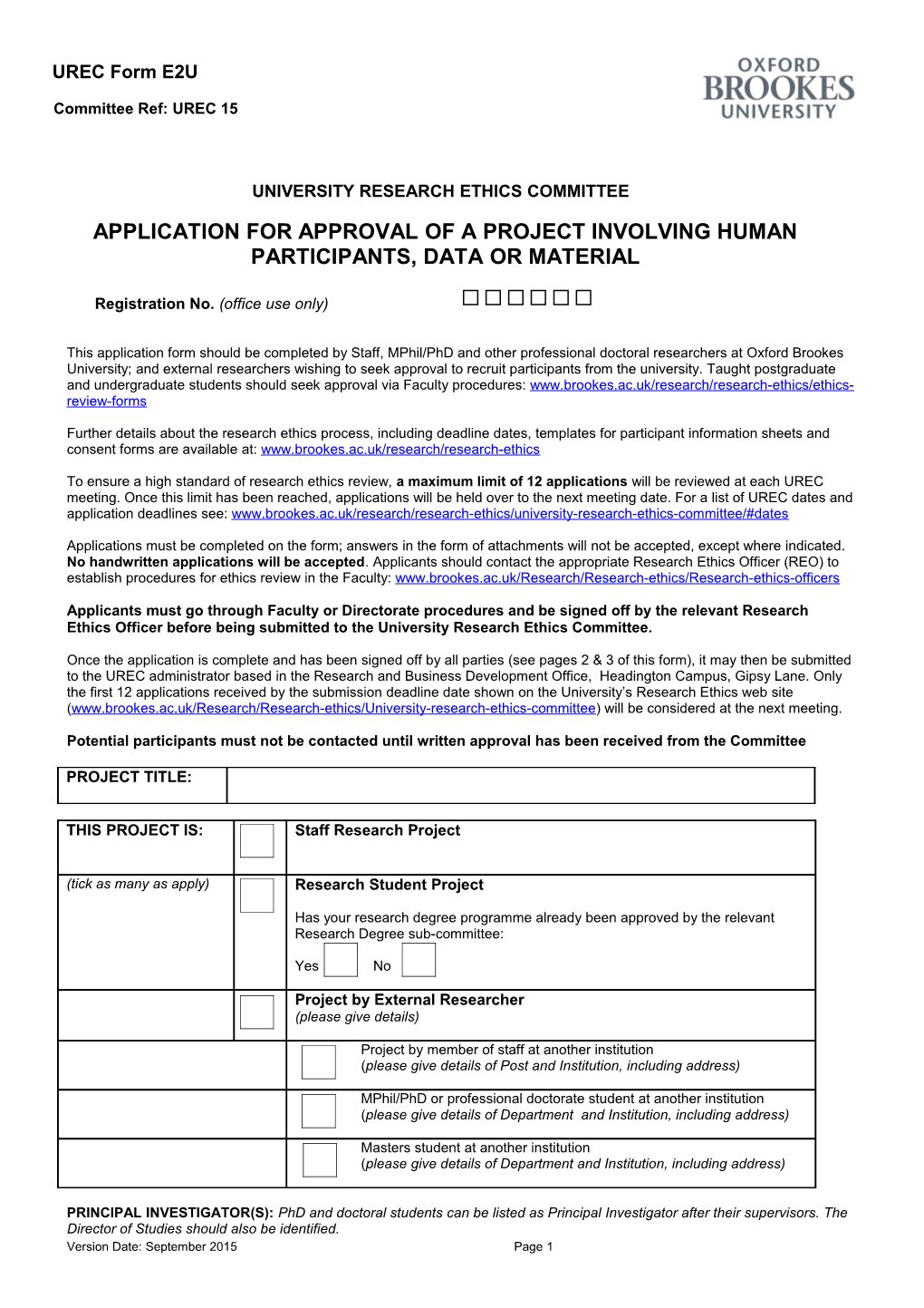 University Research Ethics Committee Application for Approval of a Project Involving Human