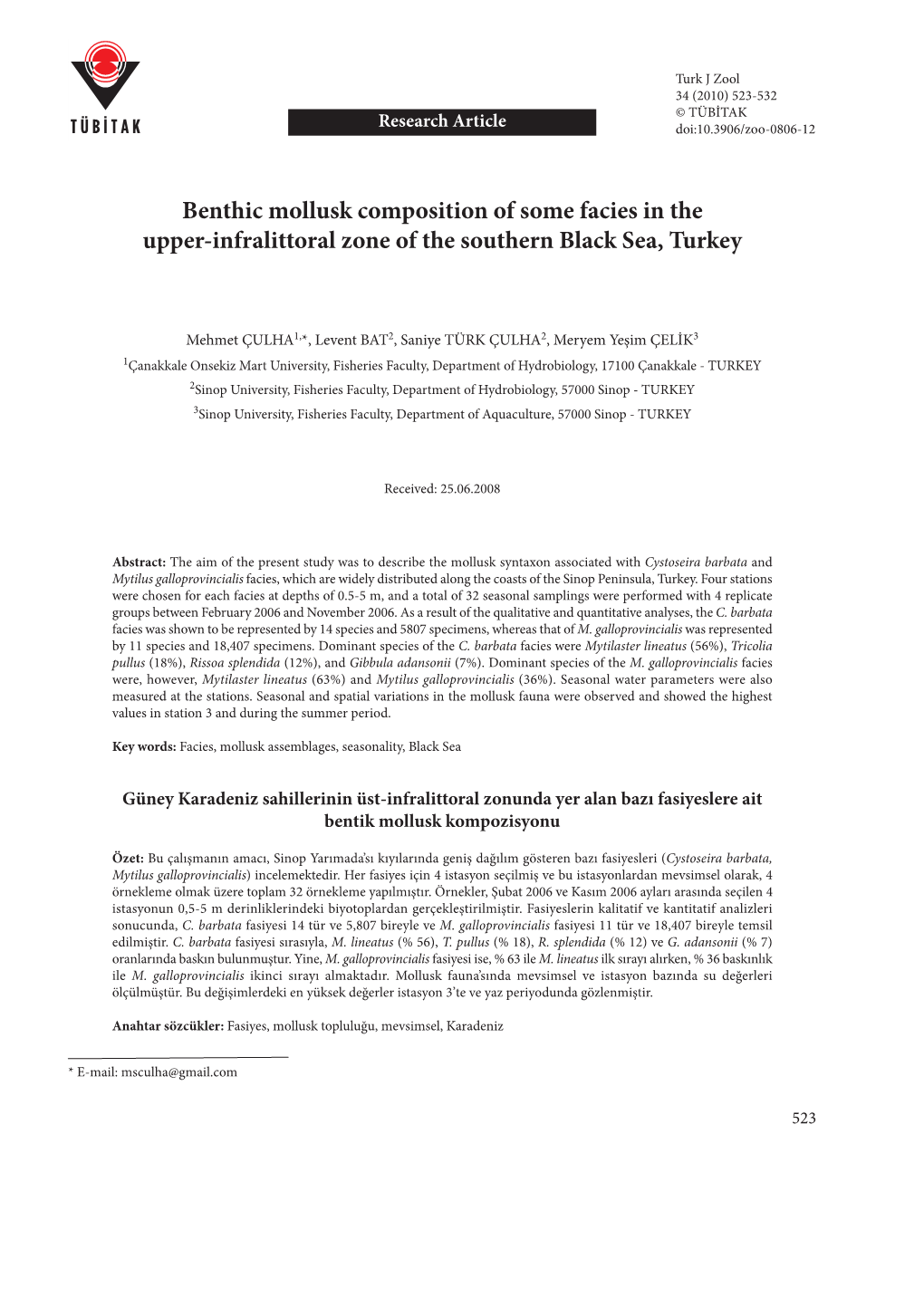 Benthic Mollusk Composition of Some Facies in the Upper-Infralittoral Zone of the Southern Black Sea, Turkey