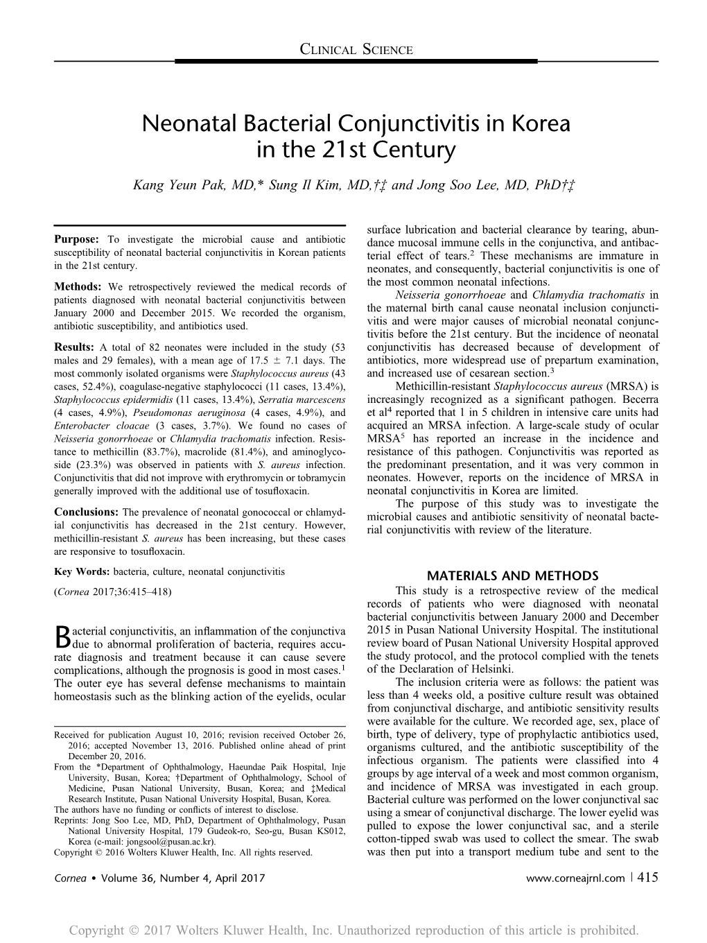 Neonatal Bacterial Conjunctivitis in Korea in the 21St Century
