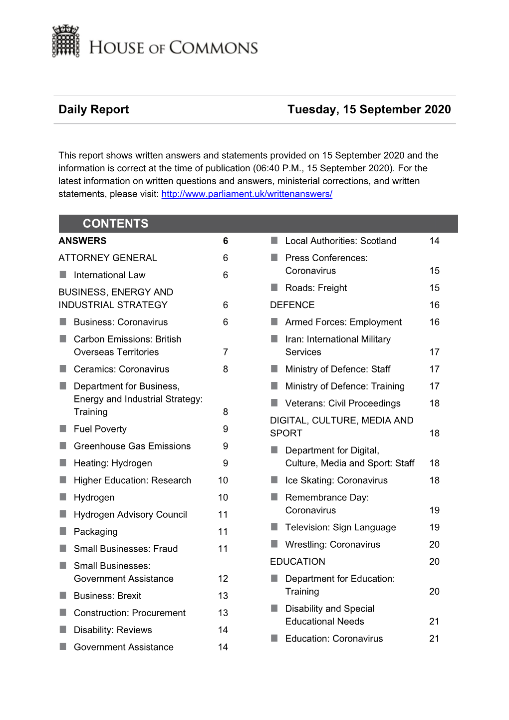 Daily Report Tuesday, 15 September 2020 CONTENTS