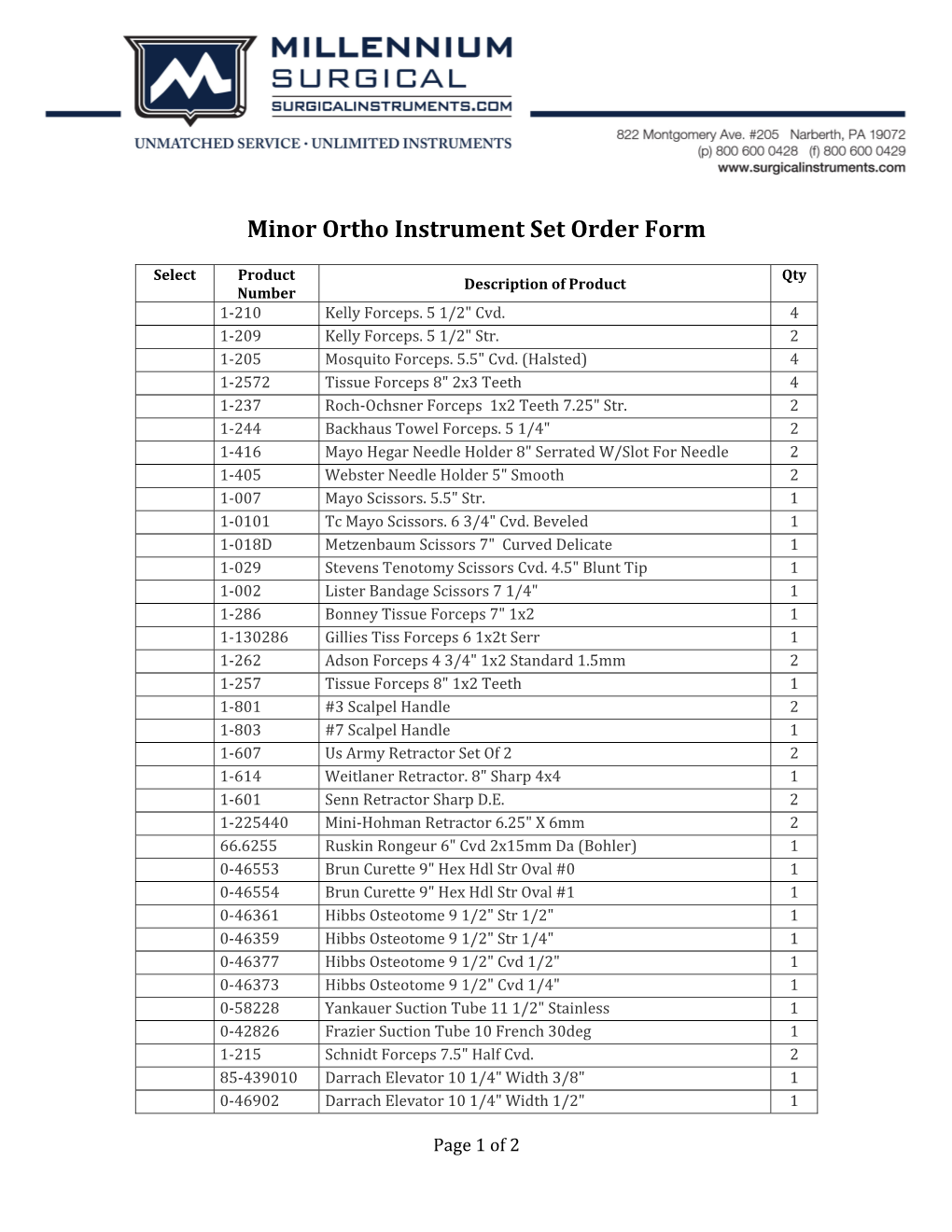 Minor Ortho Instrument Set Order Form