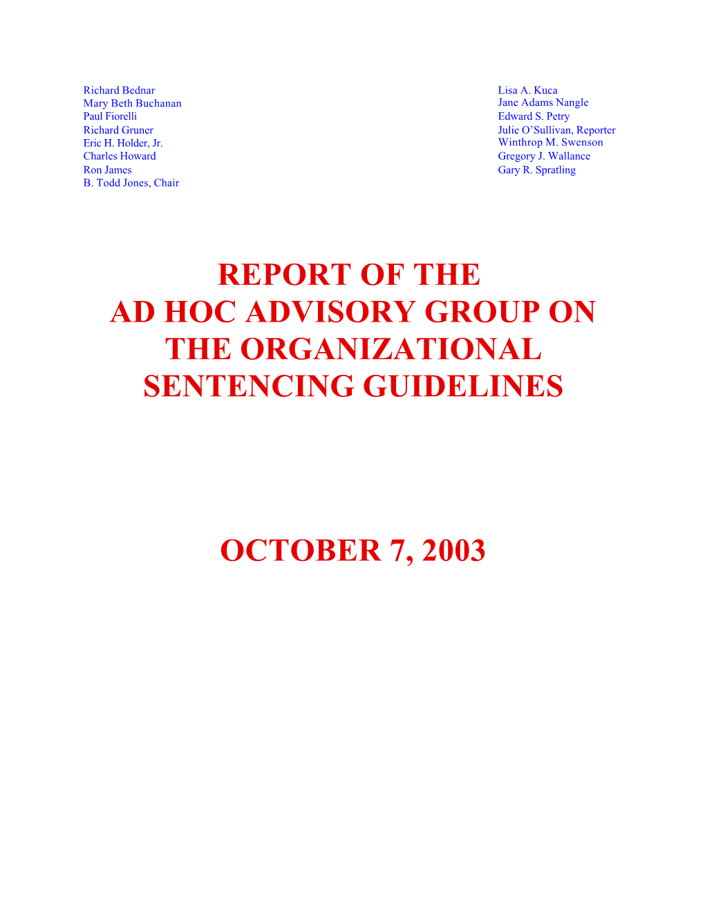 Report of the Ad Hoc Advisory Group on the Organizational Sentencing Guidelines