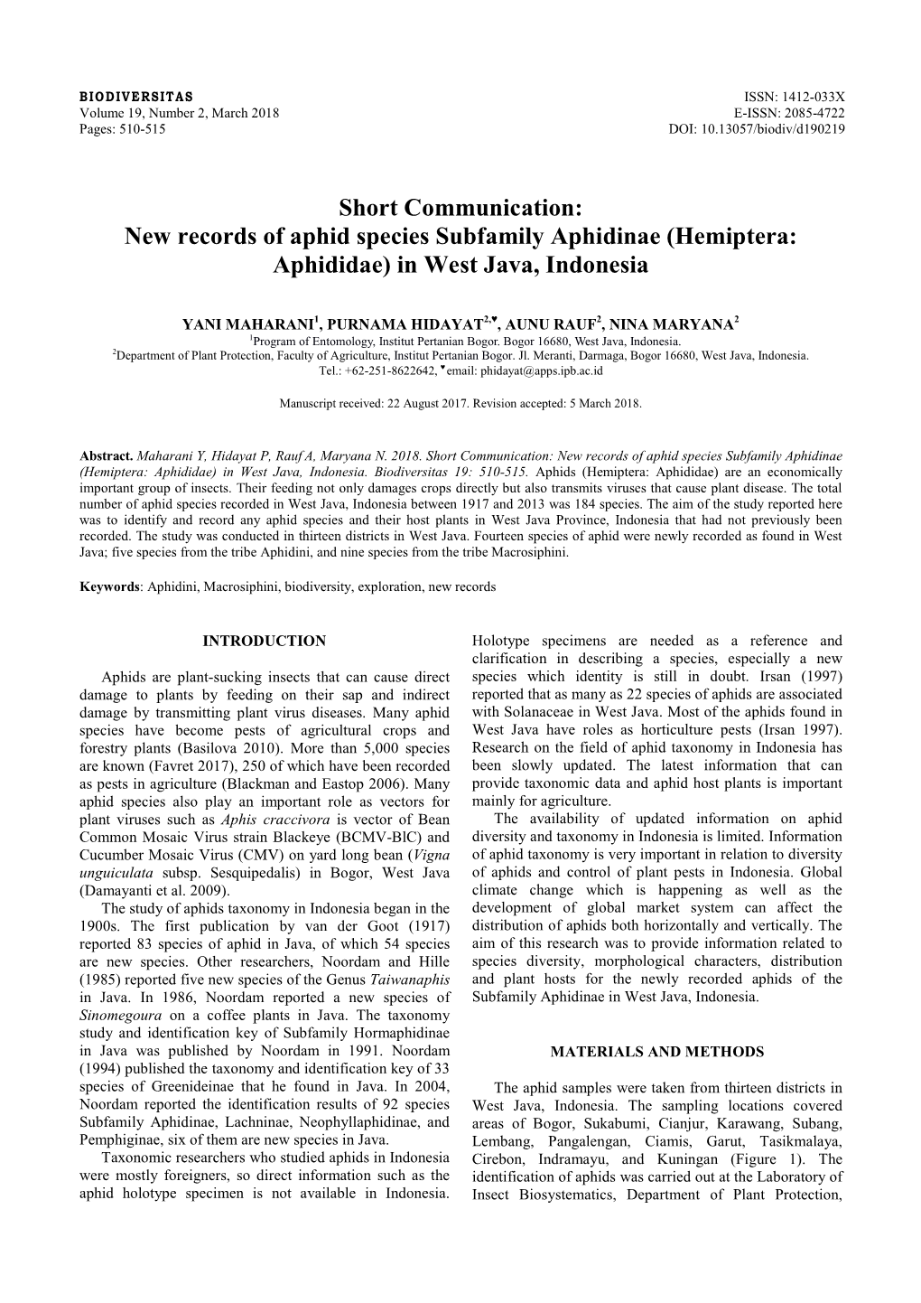 New Records of Aphid Species Subfamily Aphidinae (Hemiptera: Aphididae) in West Java, Indonesia