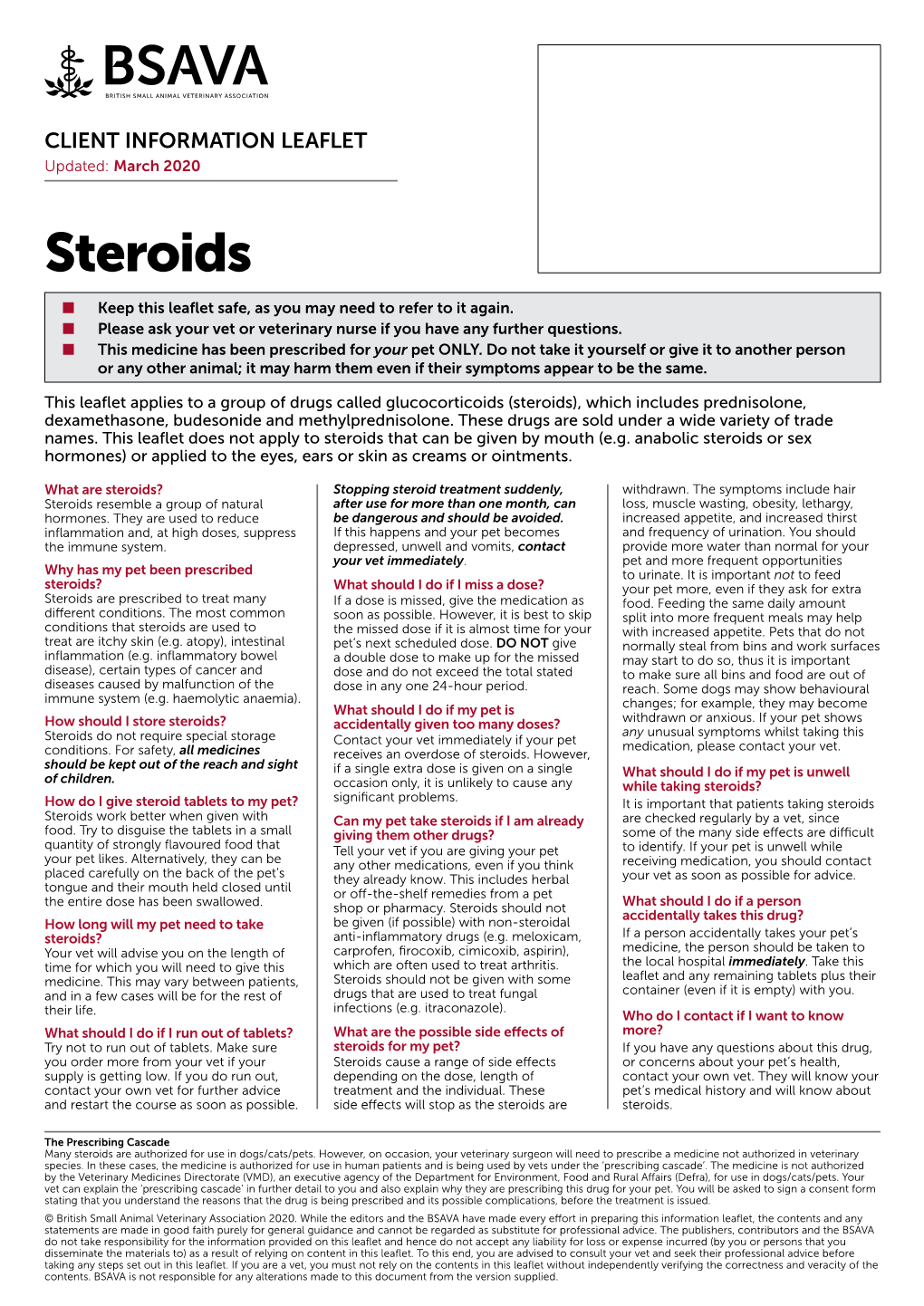 CLIENT INFORMATION LEAFLET Updated: March 2020 Steroids