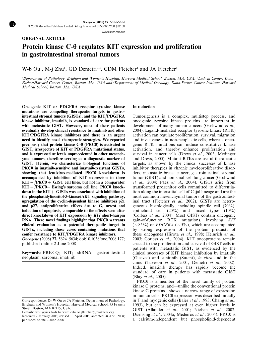 Protein Kinase C-H Regulates KIT Expression and Proliferation in Gastrointestinal Stromal Tumors
