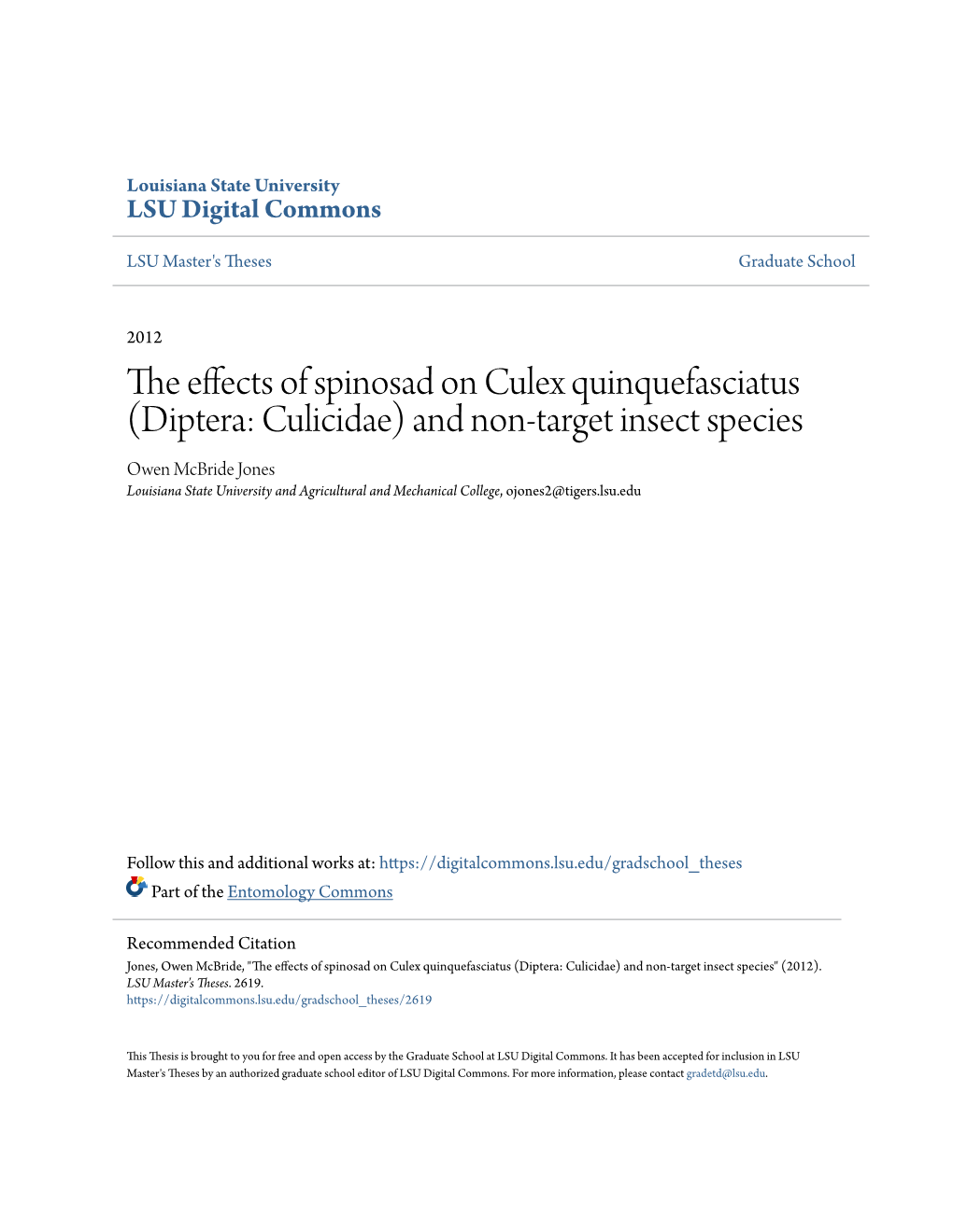 The Effects of Spinosad on Culex Quinquefasciatus (Diptera: Culicidae)