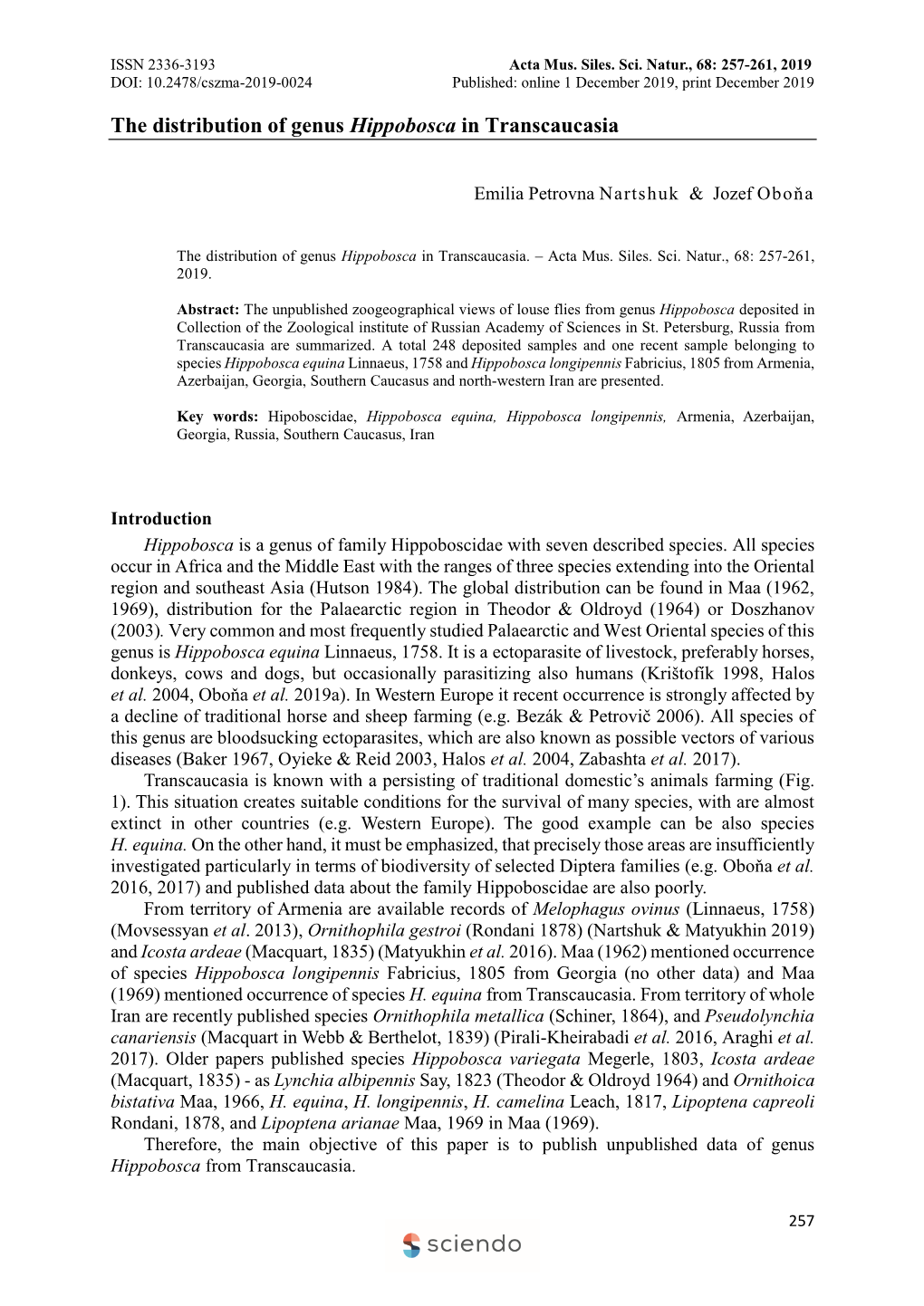 The Distribution of Genus Hippobosca in Transcaucasia