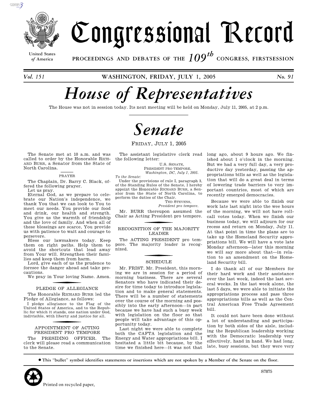 Congressional Record United States Th of America PROCEEDINGS and DEBATES of the 109 CONGRESS, FIRSTSESSION