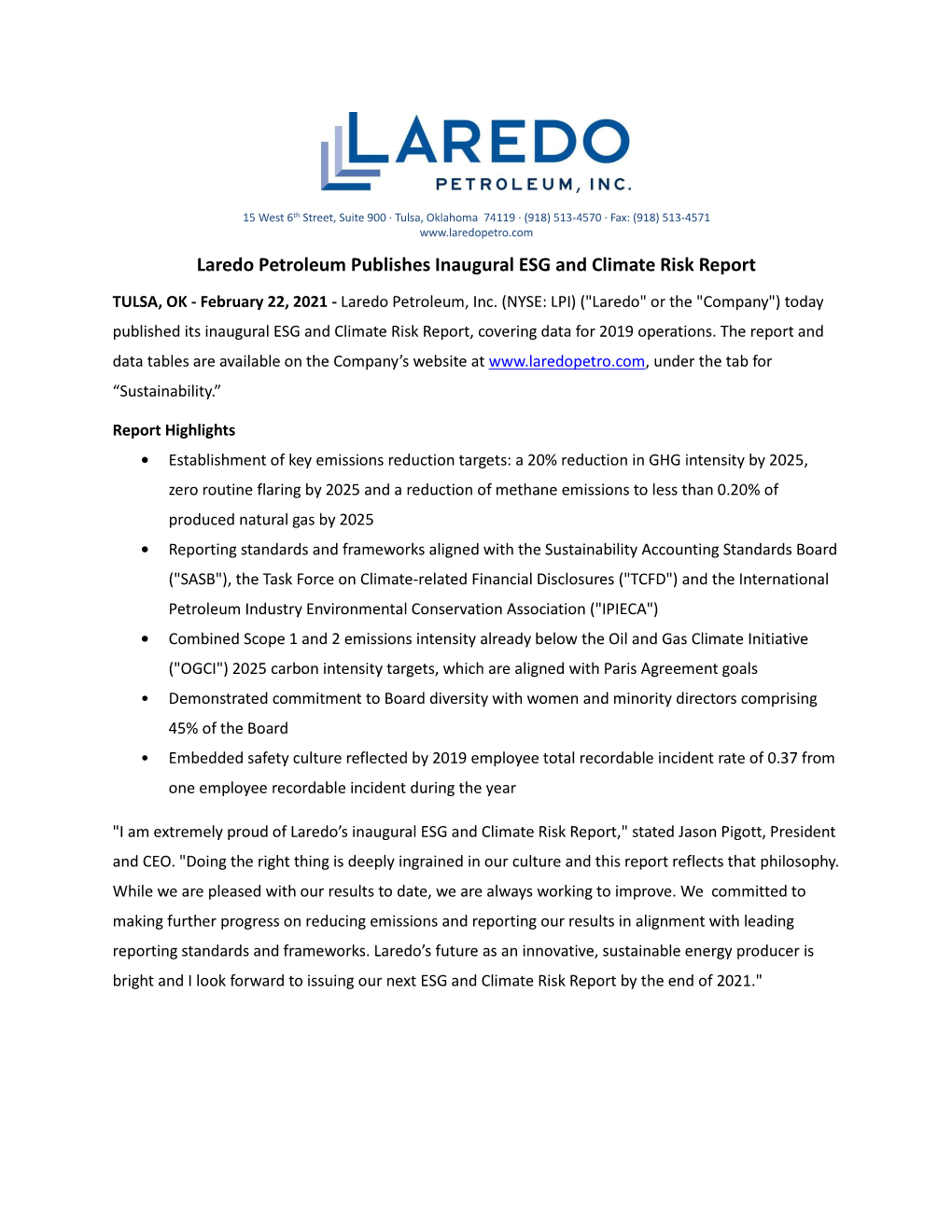 2.22.21 Laredo Petroleum Publishes Inaugural ESG and Climate Risk Report