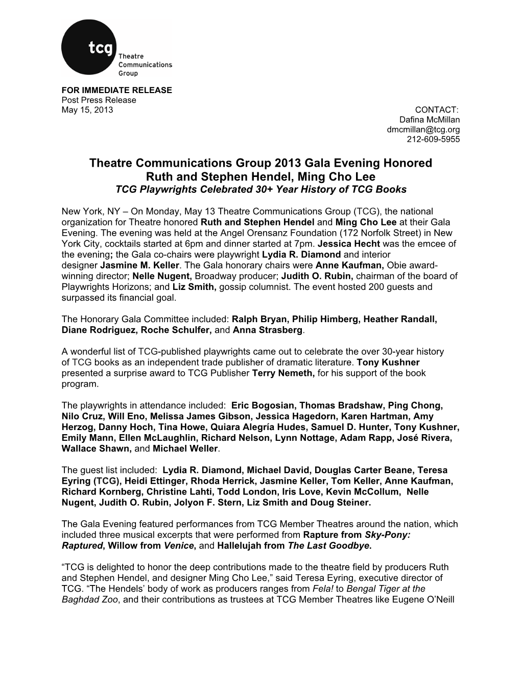 Theatre Communications Group 2013 Gala Evening Honored Ruth and Stephen Hendel, Ming Cho Lee TCG Playwrights Celebrated 30+ Year History of TCG Books