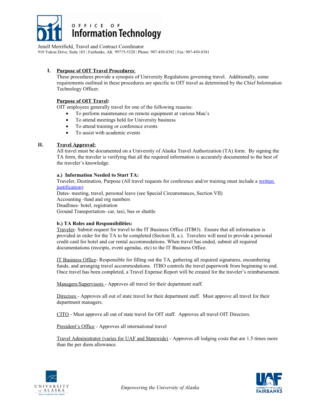 Office of Information Technology (OIT) Travel Procedures 11/06/07