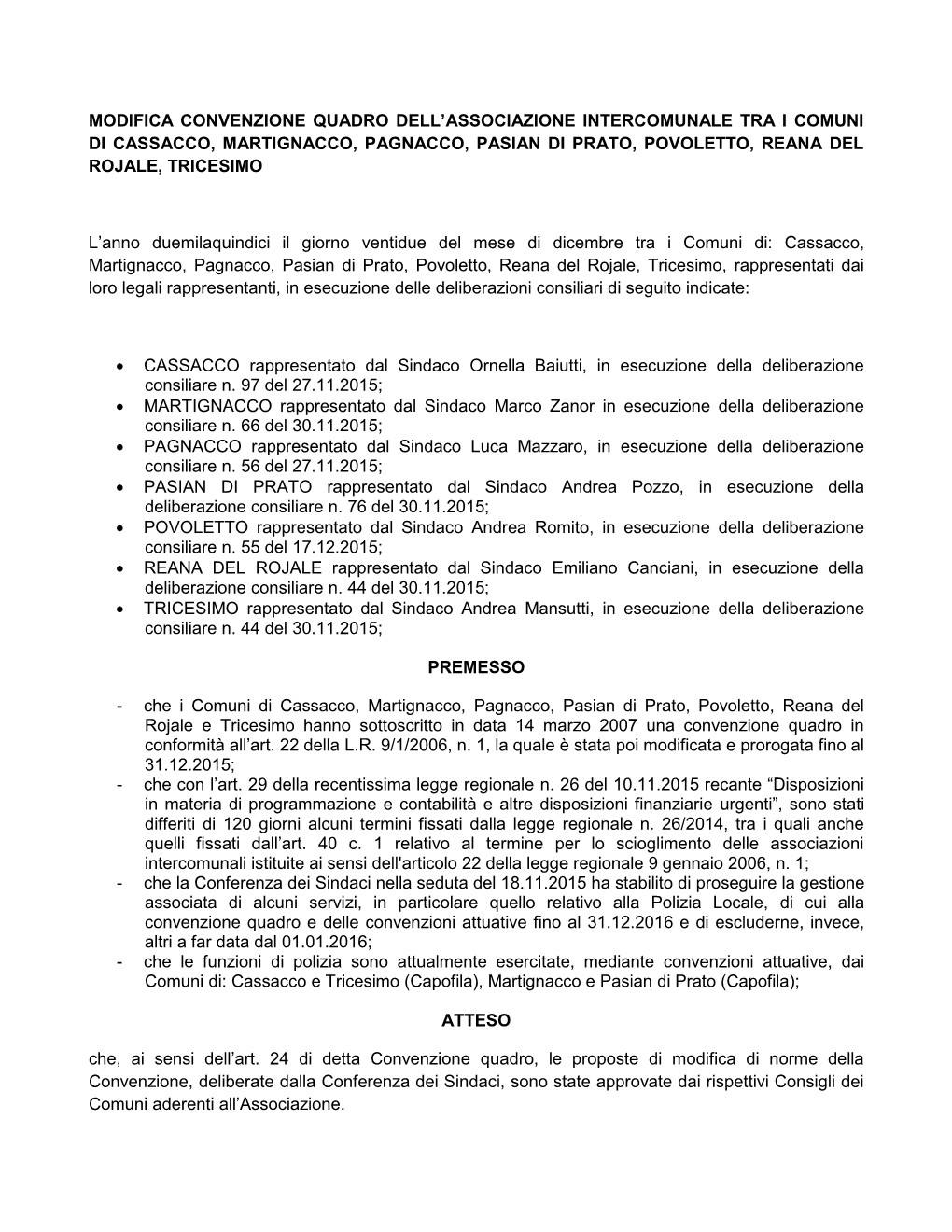 Modifica Convenzione Quadro Dell'associazione