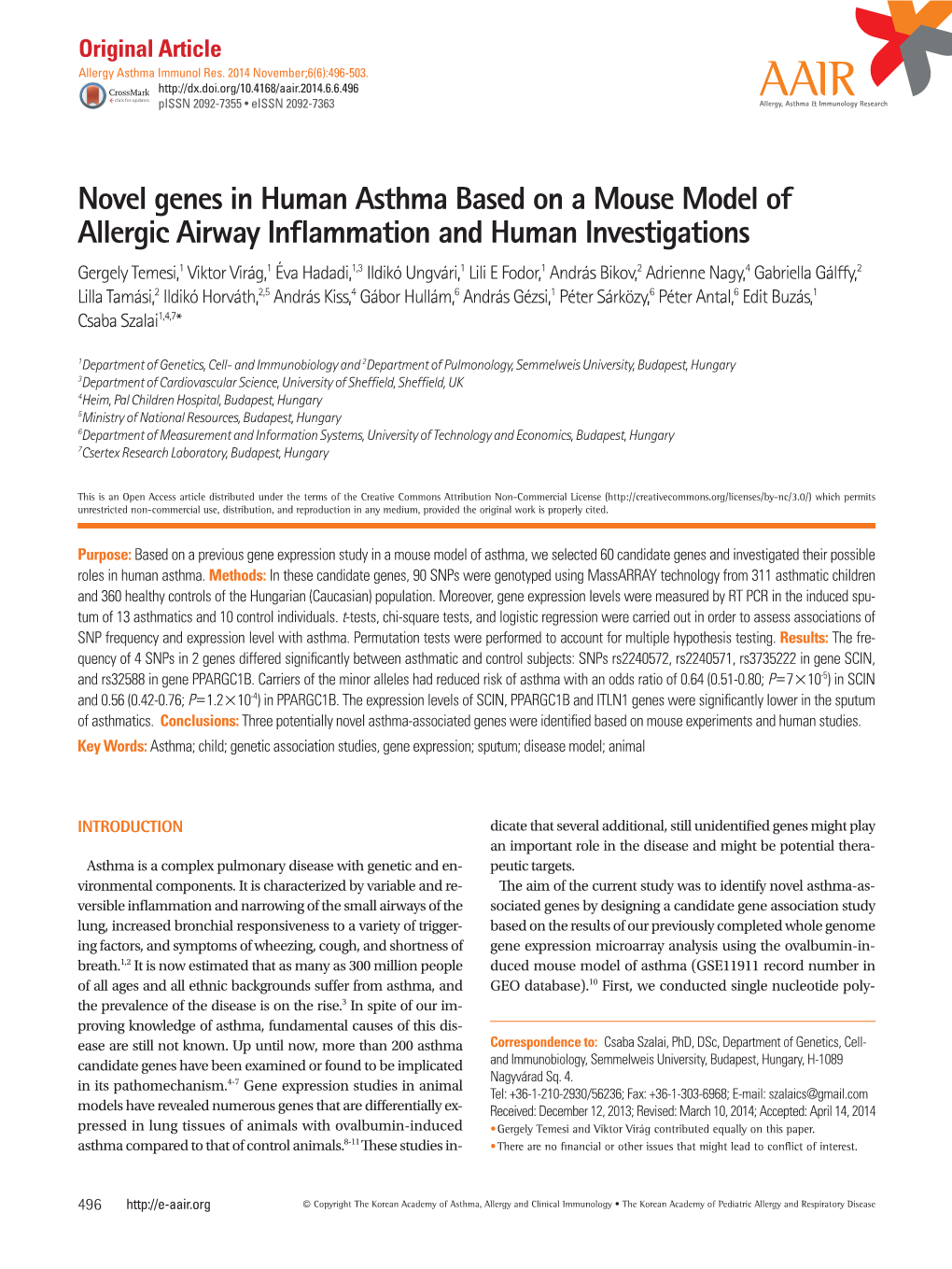 Novel Genes in Human Asthma Based on a Mouse Model of Allergic