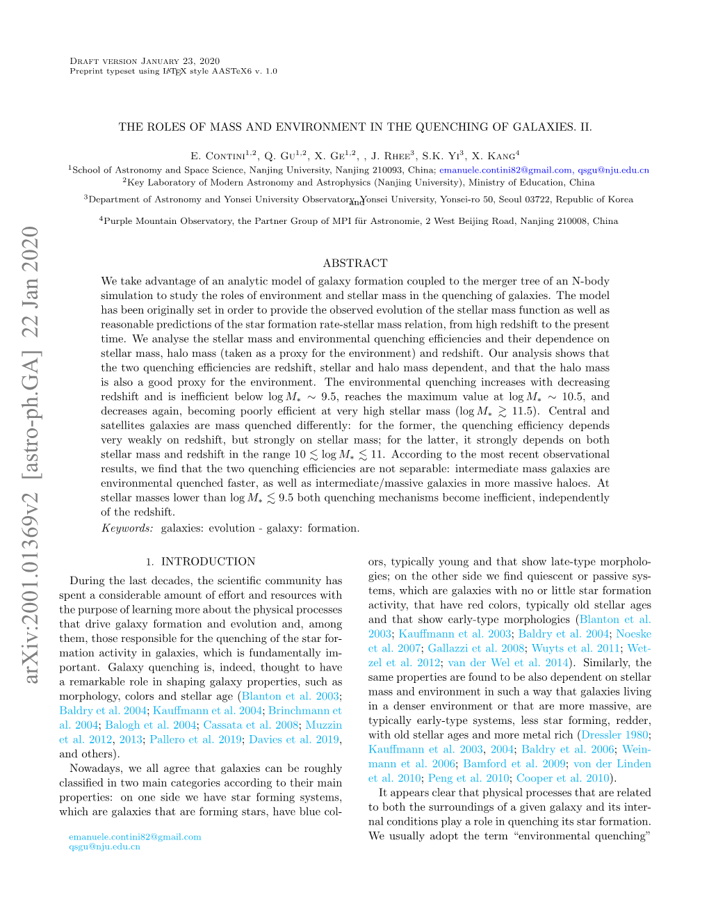 Arxiv:2001.01369V2 [Astro-Ph.GA] 22 Jan 2020 a Remarkable Role in Shaping Galaxy Properties, Such As Morphology, Colors and Stellar Age (Blanton Et Al