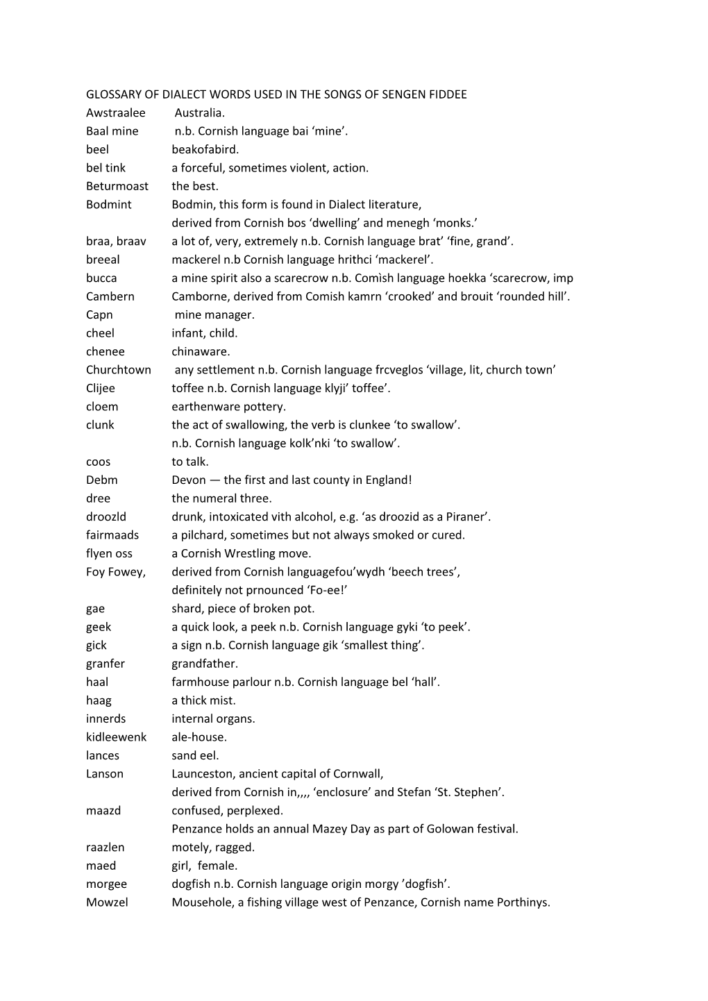 Glossary of Dialect Words Used in Sengen Fiddee