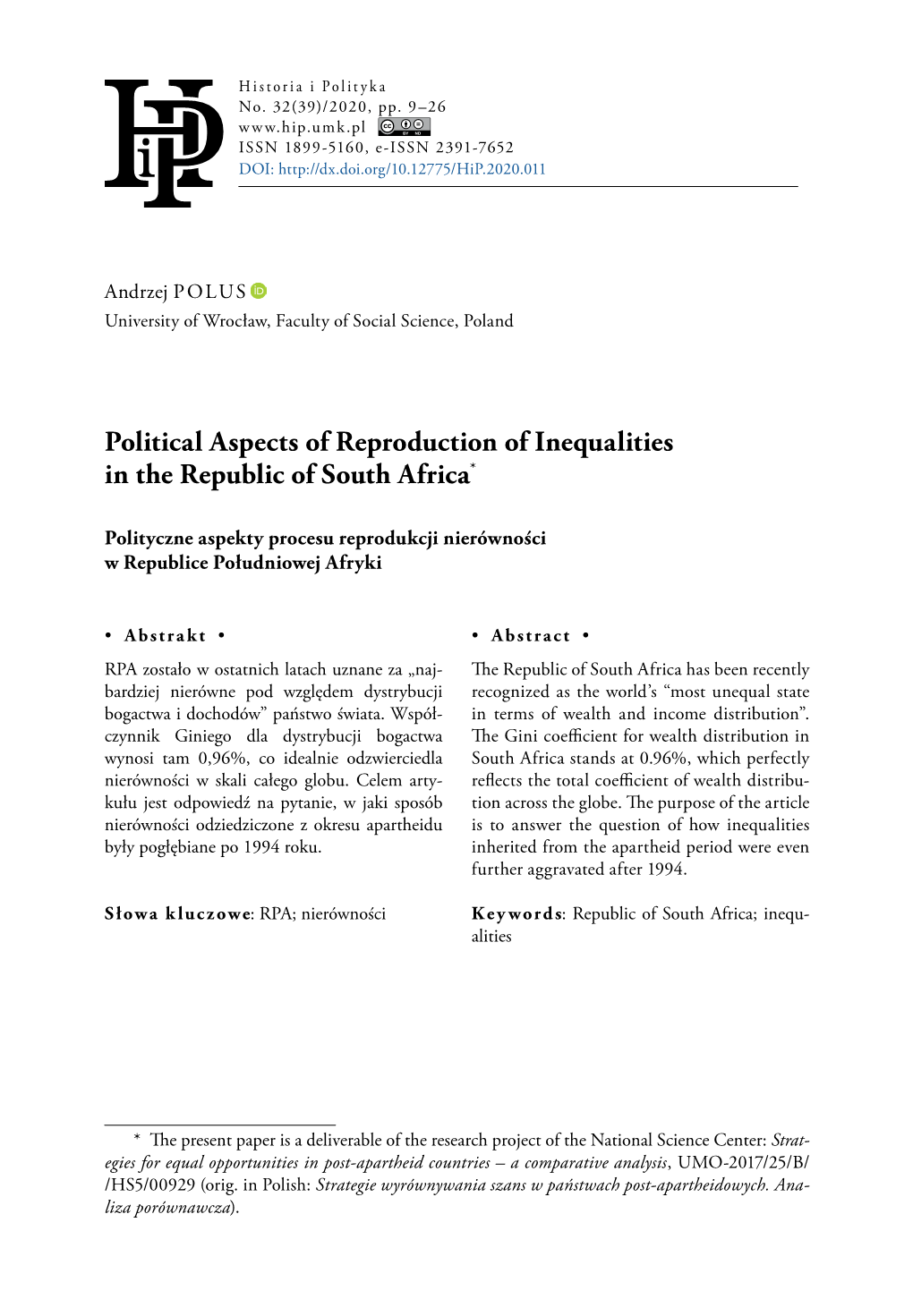 Political Aspects of Reproduction of Inequalities in the Republic of South Africa*