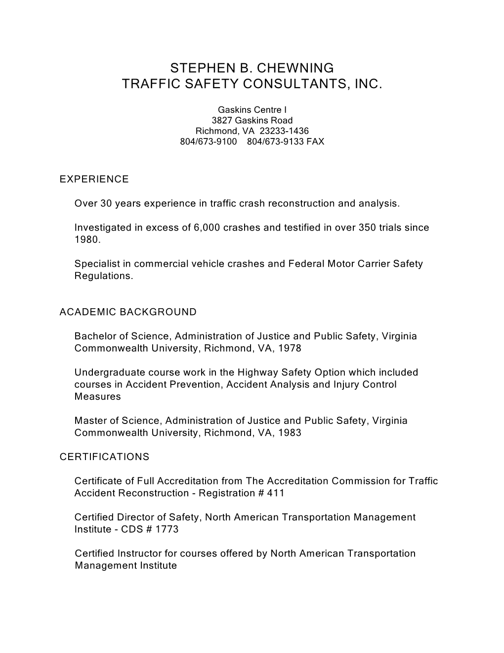 Stephen B. Chewning Traffic Safety Consultants, Inc
