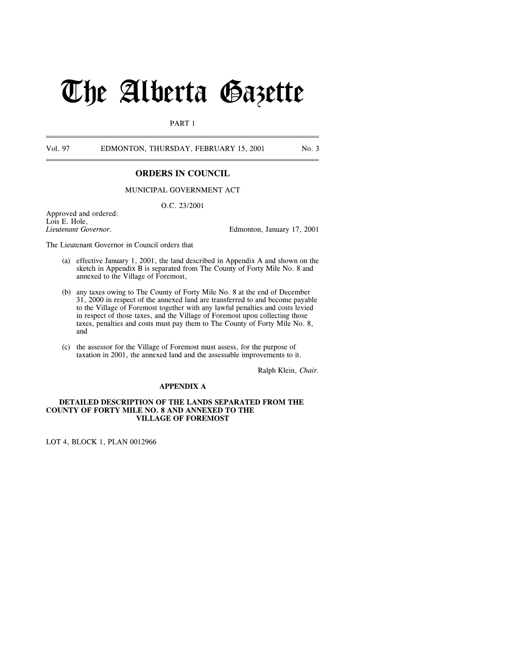 The Alberta Gazette, Part I, February 15, 2001