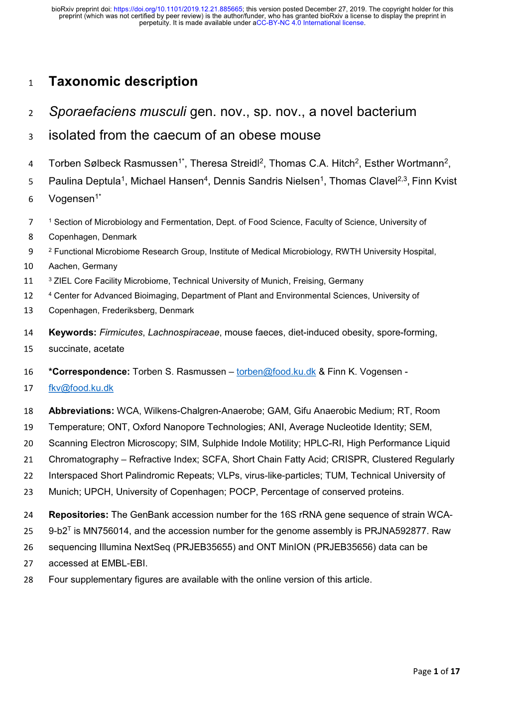 Sporaefaciens Musculi Gen. Nov., Sp. Nov., a Novel Bacterium