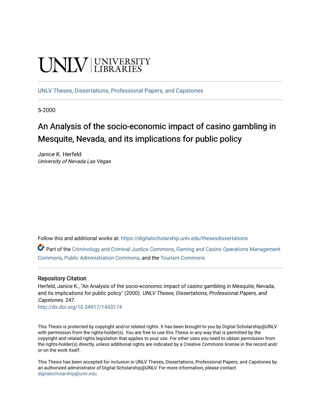 An Analysis of the Socio-Economic Impact of Casino Gambling in Mesquite, Nevada, and Its Implications for Public Policy