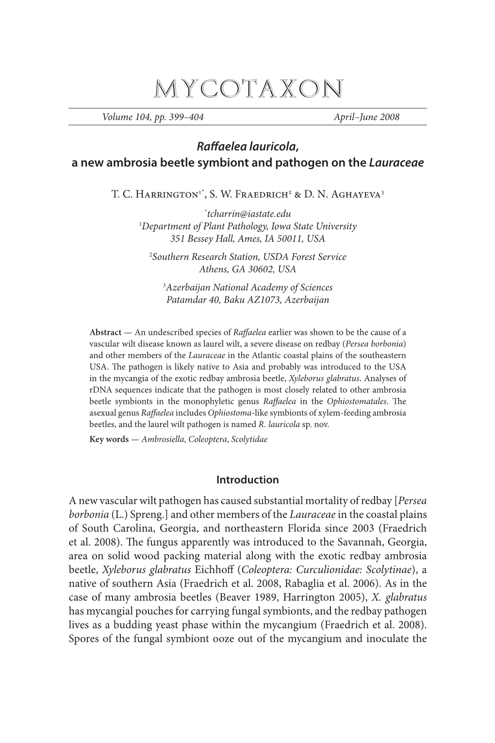 Raffaelea Lauricola, a New Ambrosia Beetle Symbiont and Pathogen On