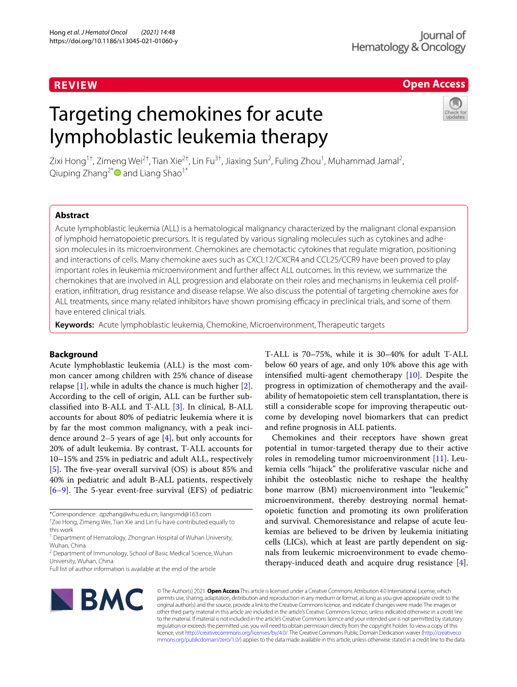 Targeting Chemokines for Acute Lymphoblastic Leukemia Therapy