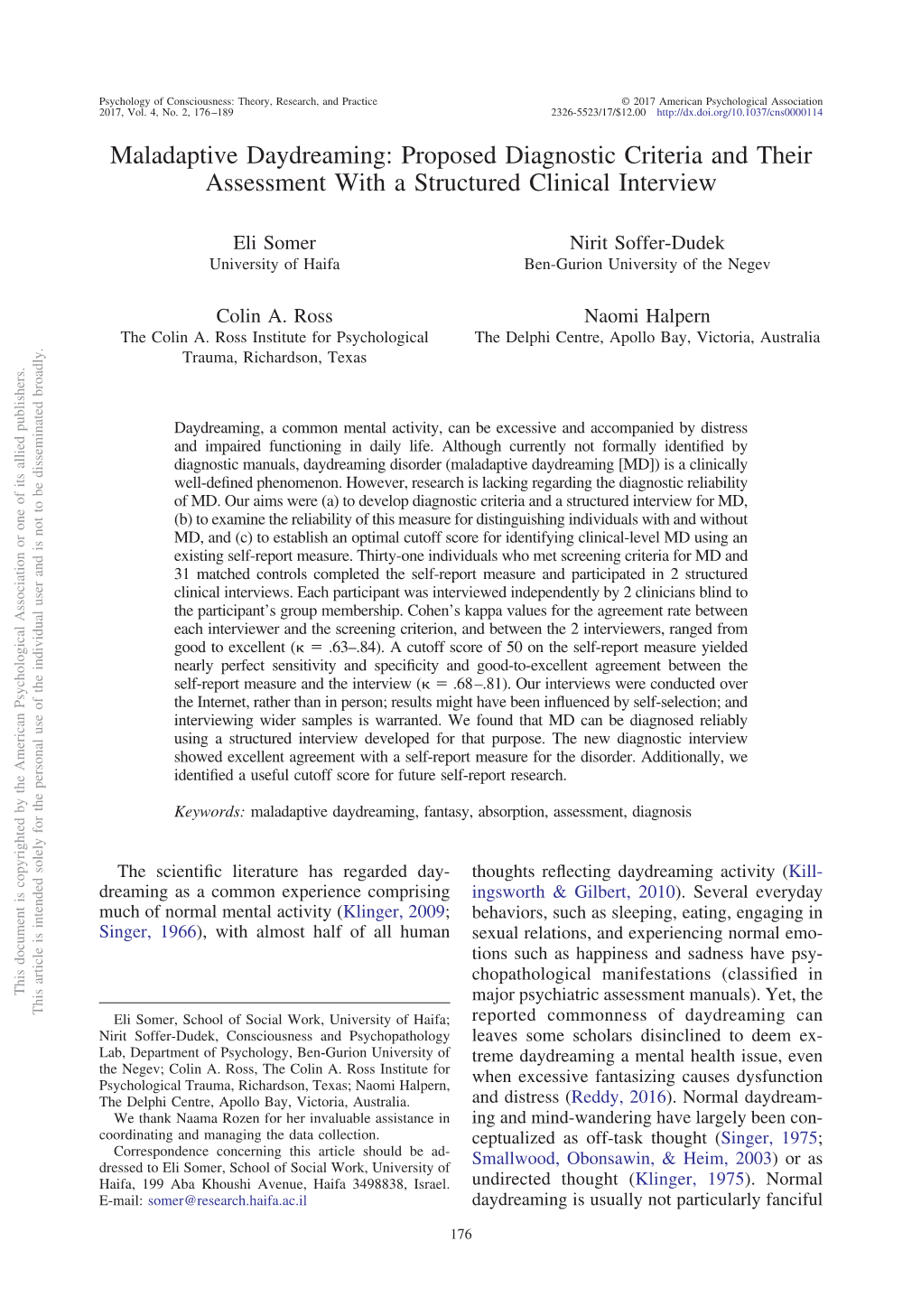 Maladaptive Daydreaming: Proposed Diagnostic Criteria and Their Assessment with a Structured Clinical Interview