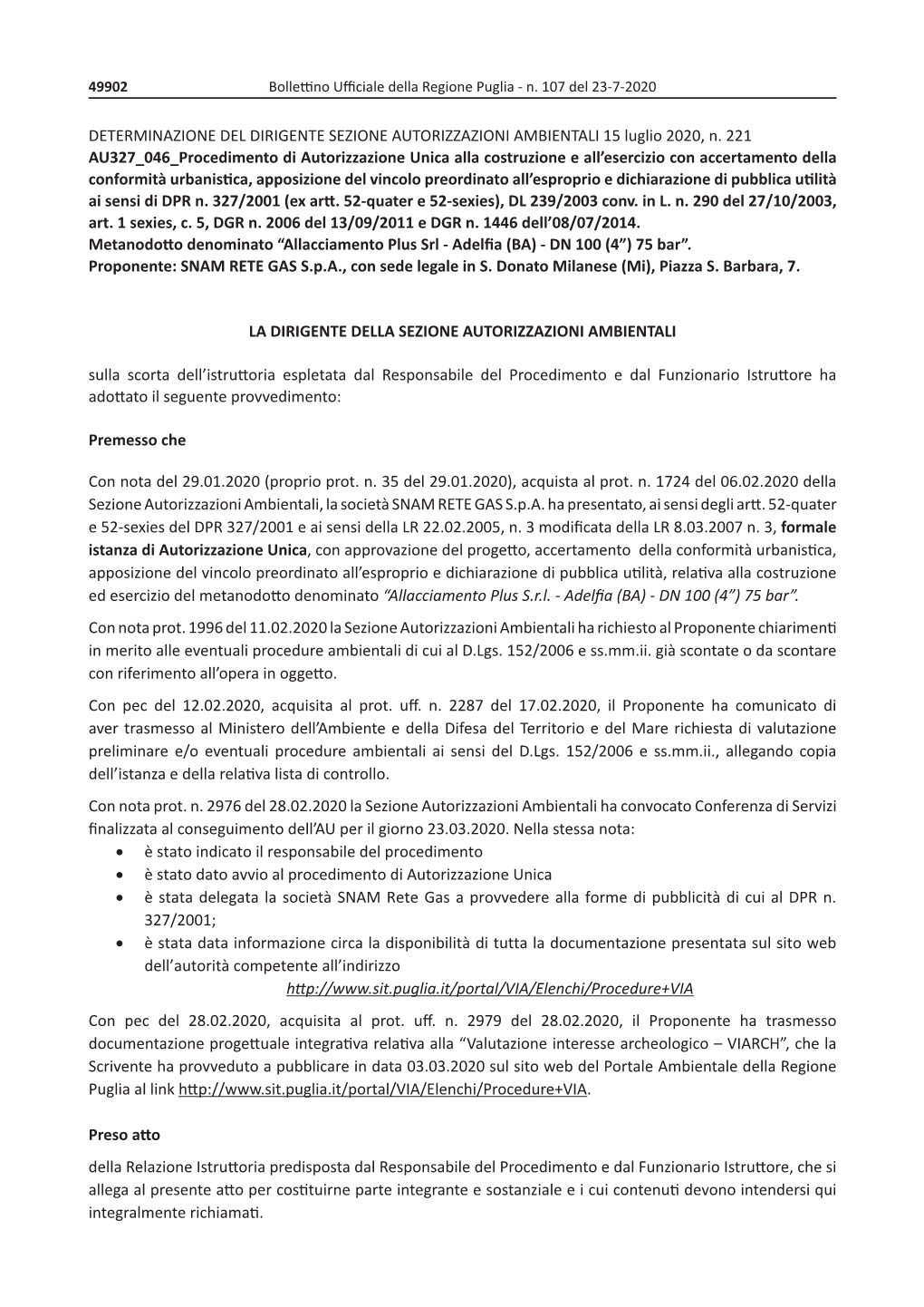 DETERMINAZIONE DEL DIRIGENTE SEZIONE AUTORIZZAZIONI AMBIENTALI 15 Luglio 2020, N