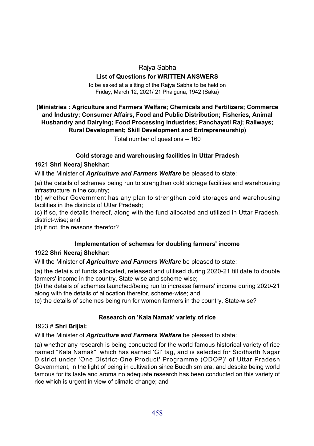 List of Questions for WRITTEN ANSWERS to Be Asked at a Sitting of the Rajya Sabha to Be Held on Friday, March 12, 2021/ 21 Phalguna, 1942 (Saka)