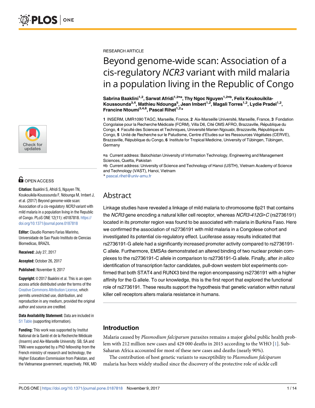 Beyond Genome-Wide Scan: Association of a Cis-Regulatory NCR3 Variant with Mild Malaria in a Population Living in the Republic of Congo