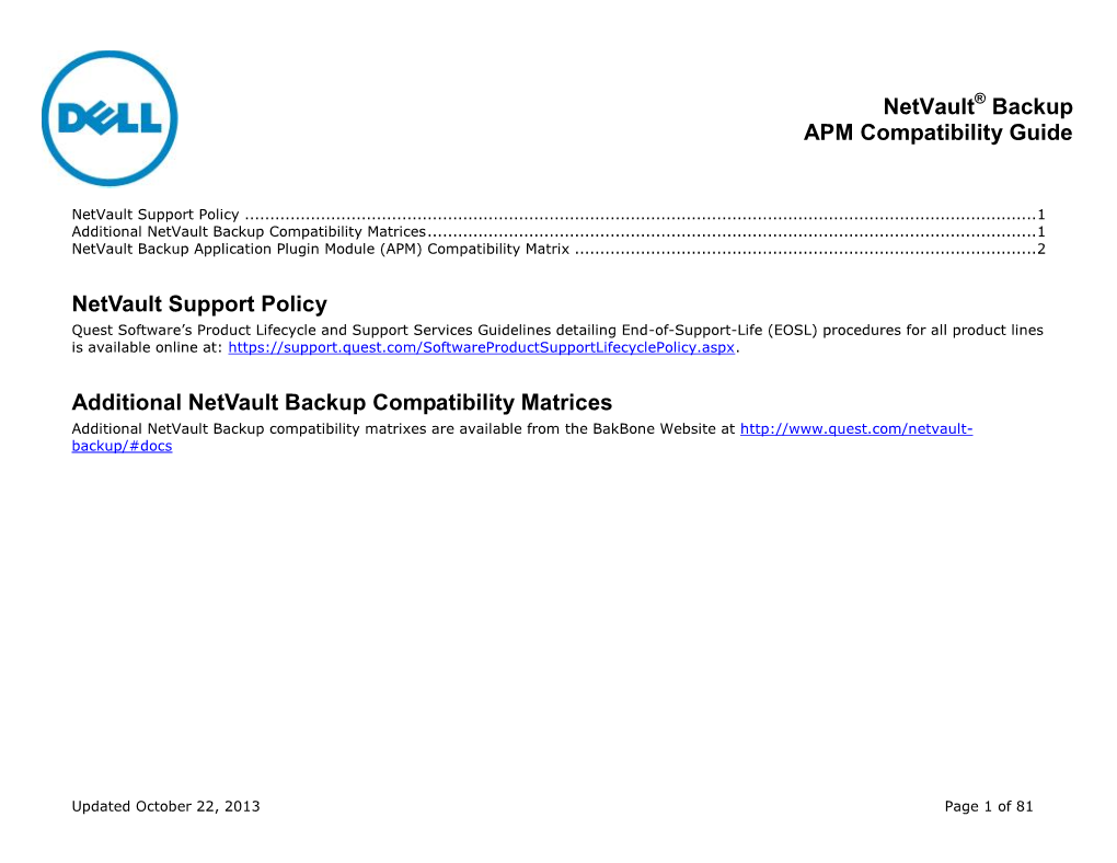 Netvault® Backup APM Compatibility Guide