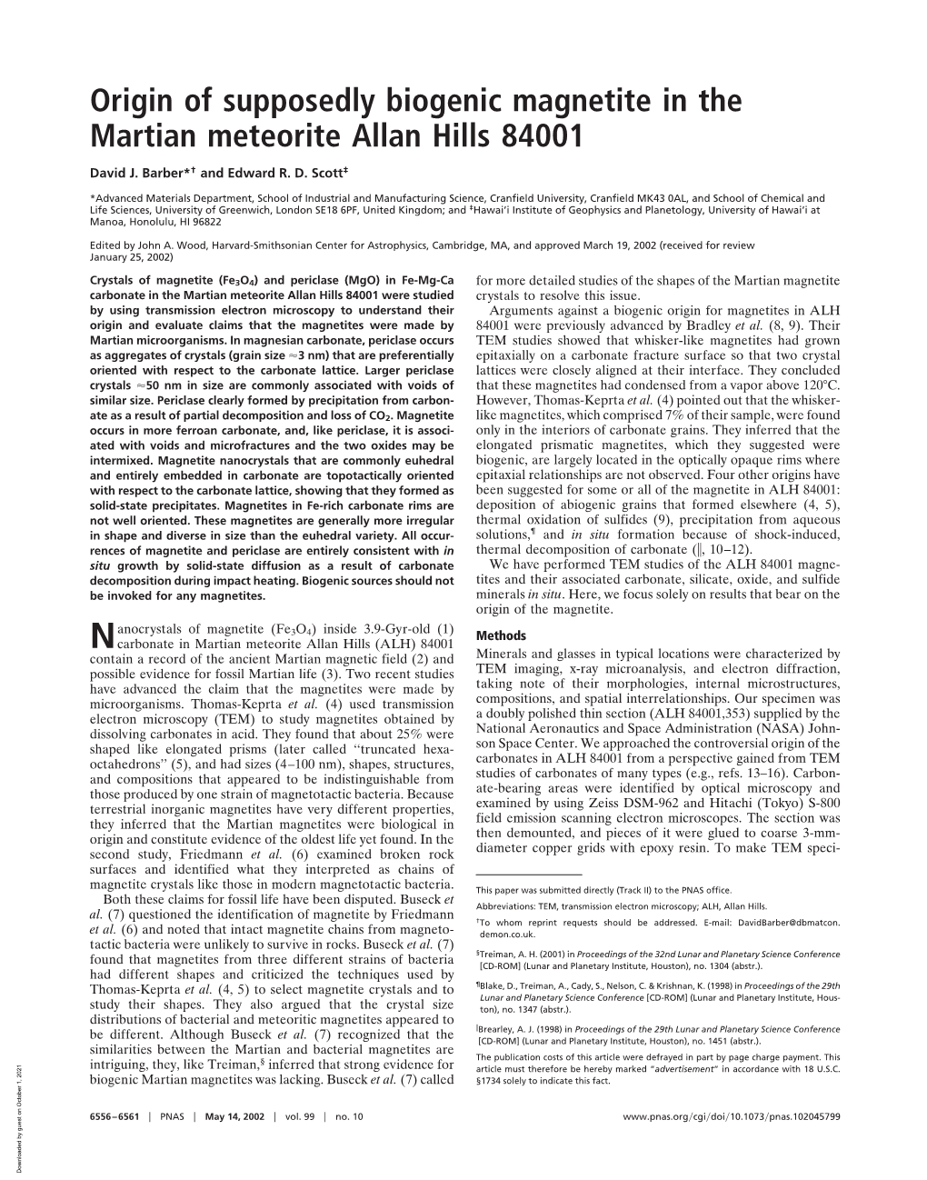 Origin of Supposedly Biogenic Magnetite in the Martian Meteorite Allan Hills 84001