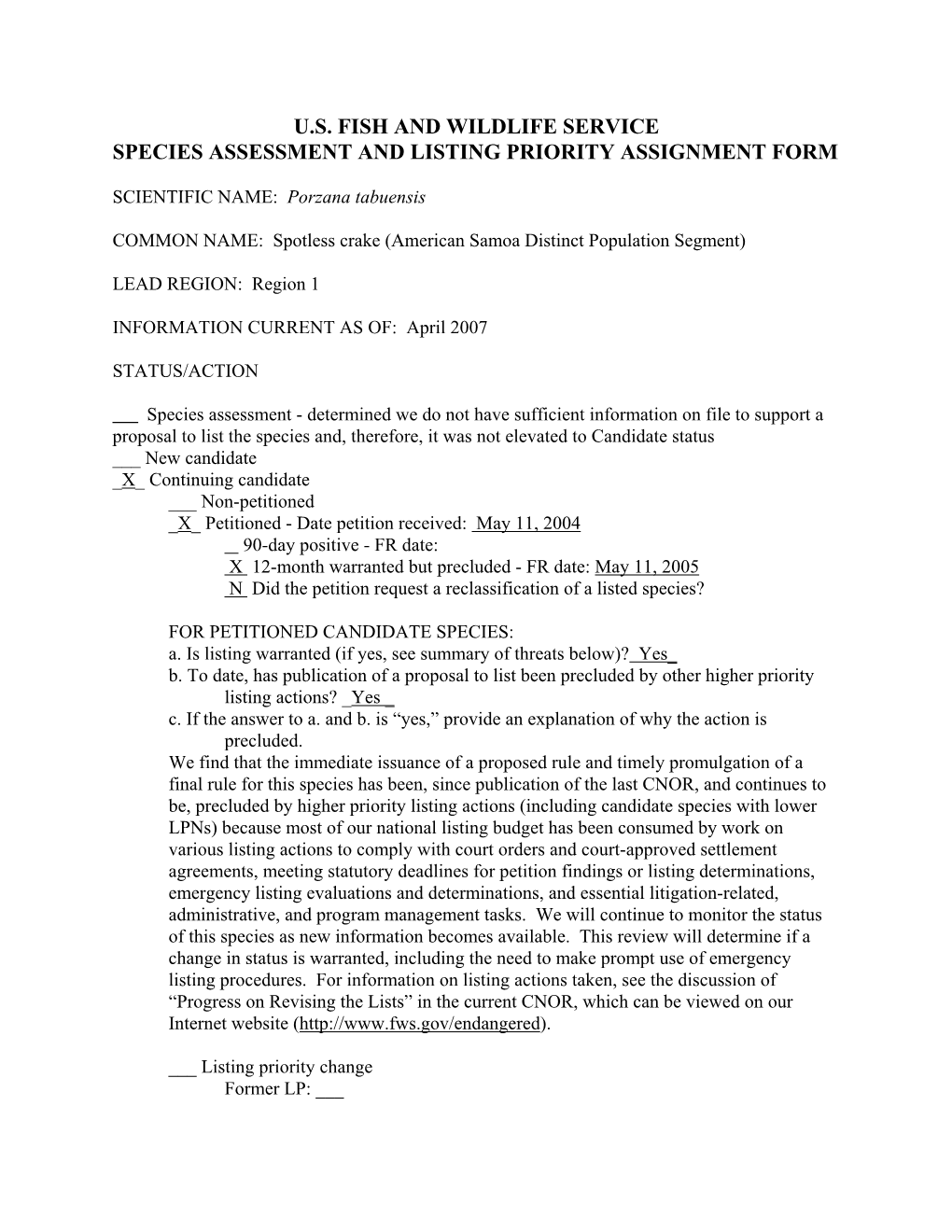 U.S. Fish and Wildlife Service Species Assessment and Listing Priority Assignment Form