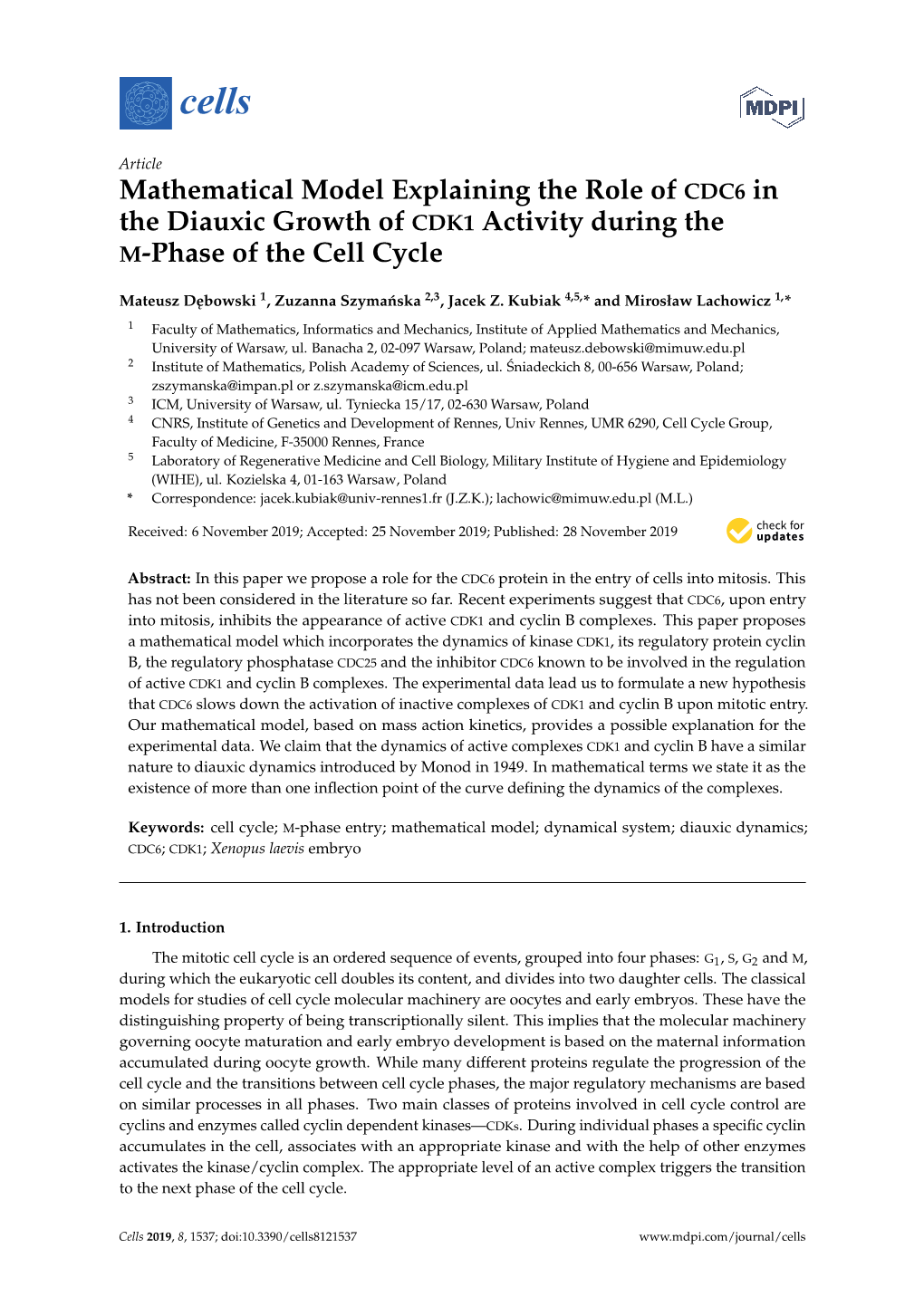 Mathematical Model Explaining the Role of CDC6 in the Diauxic Growth of CDK1 Activity During the M-Phase of the Cell Cycle