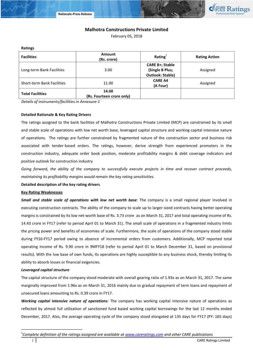 Malhotra Constructions Private Limited February 05, 2018