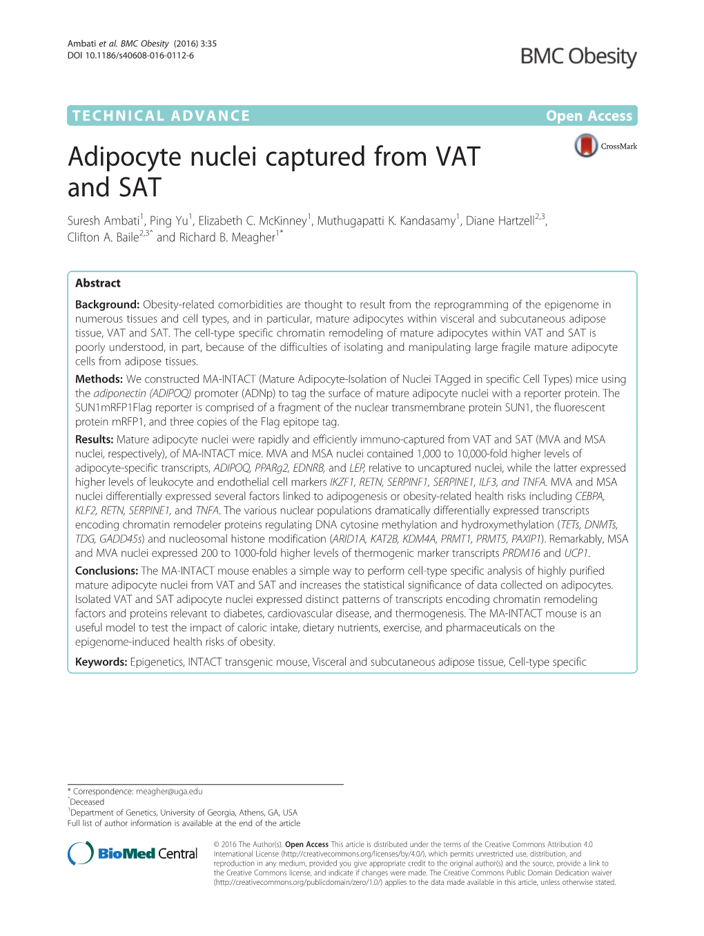 Adipocyte Nuclei Captured from VAT and SAT Suresh Ambati1, Ping Yu1, Elizabeth C