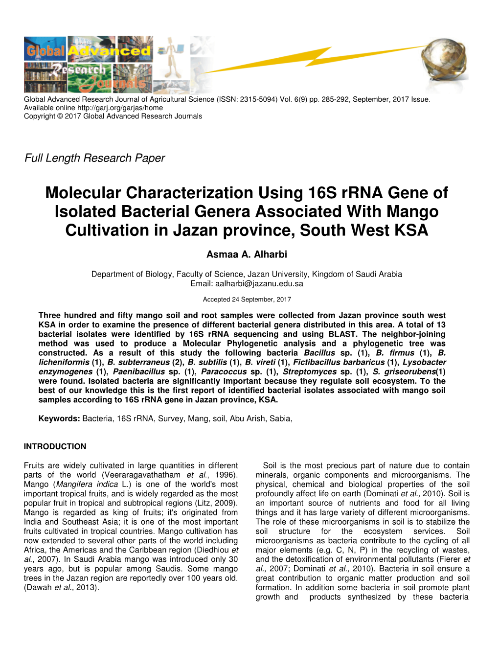 Molecular Characterization Using 16S Rrna Gene of Isolated Bacterial Genera Associated with Mango Cultivation in Jazan Province, South West KSA