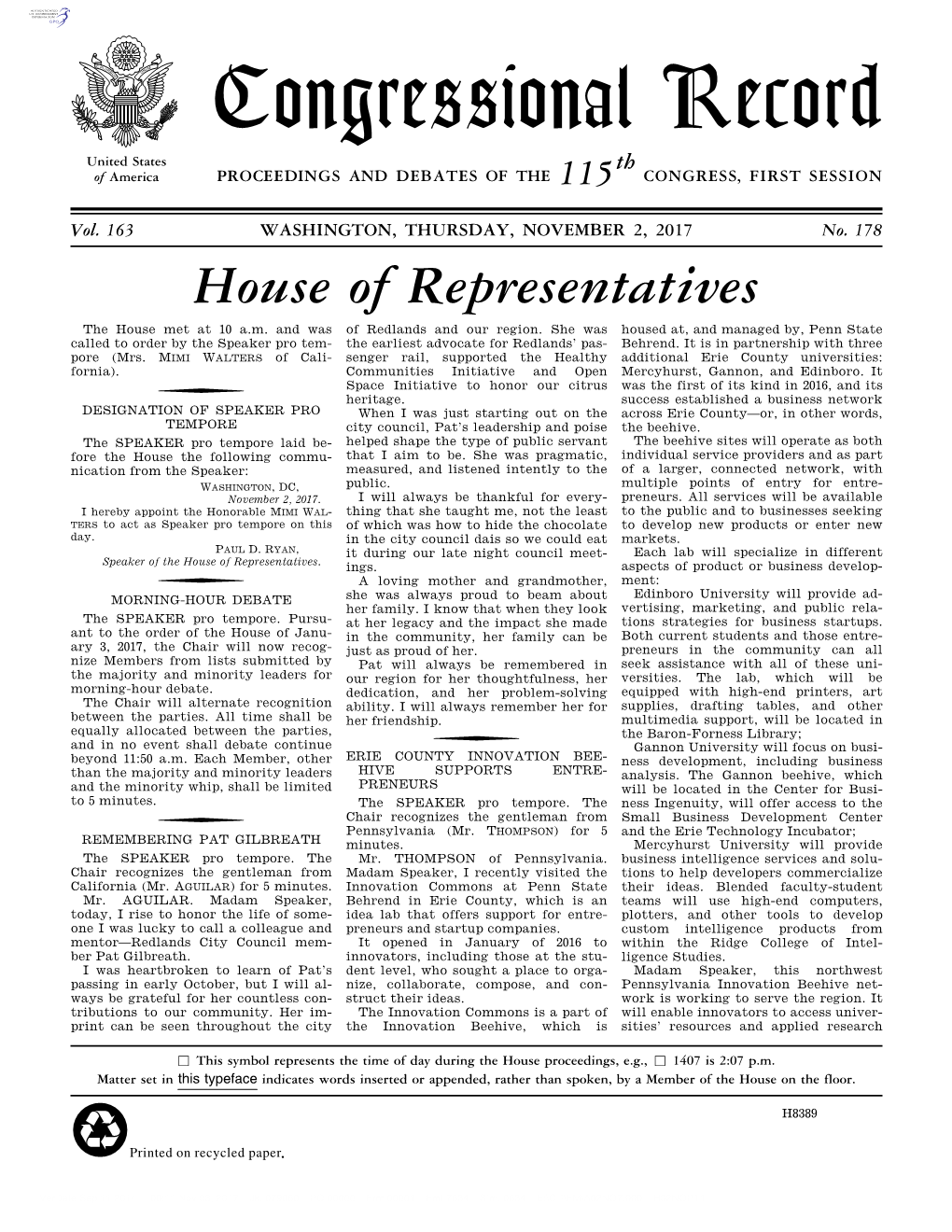 Congressional Record United States Th of America PROCEEDINGS and DEBATES of the 115 CONGRESS, FIRST SESSION